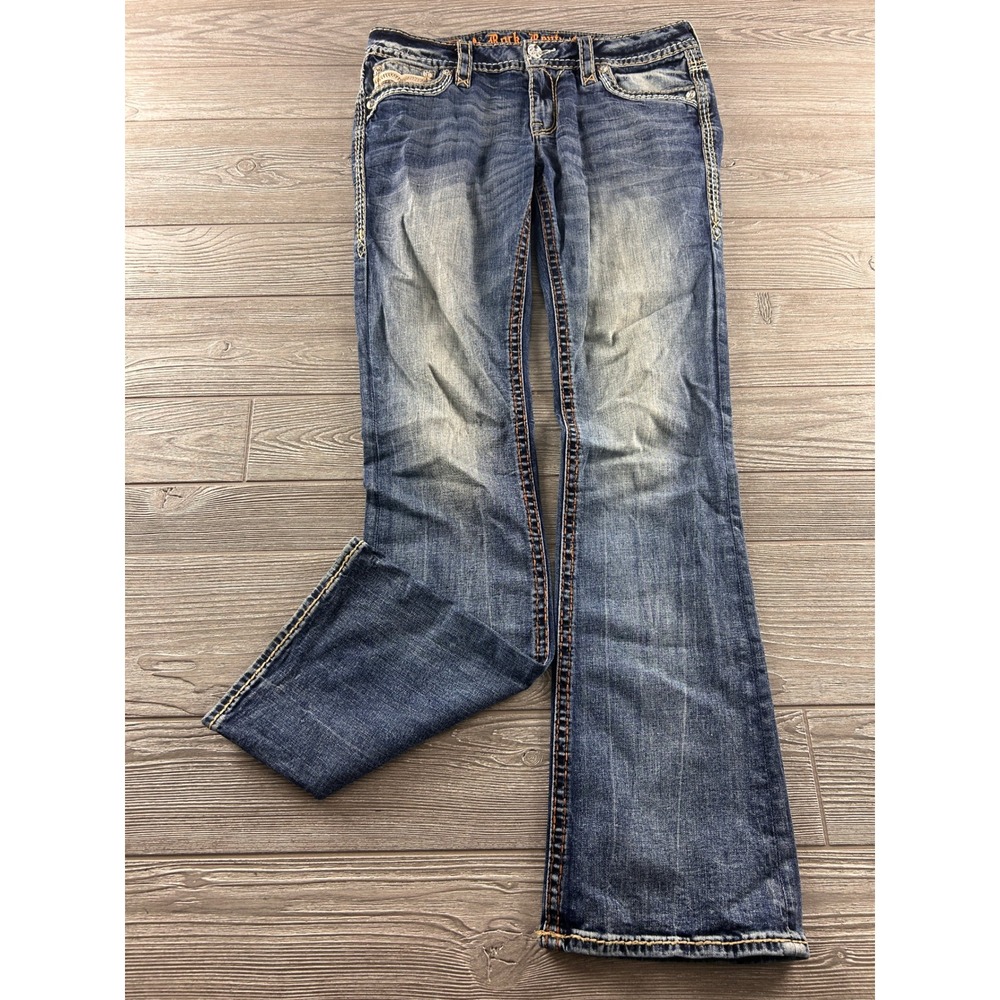 Rock Revival Bootcut Jeans Blue Distressed Fleur-De-Lis Embroidered Low Rise 31